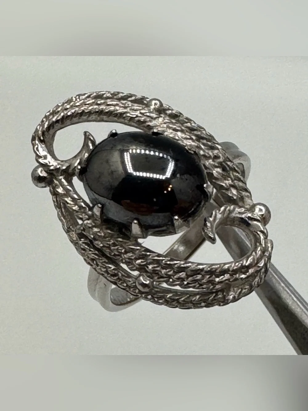 Sarah Coventry Silver Tone Black Cabochon Adjustable Statement Ring